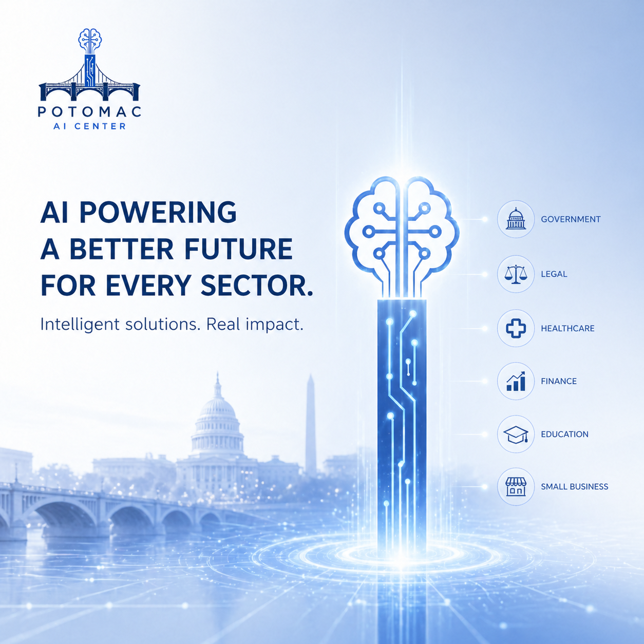 Potomac AI Center industry sectors visual showing AI support across government, legal, healthcare, finance, education, and small business
